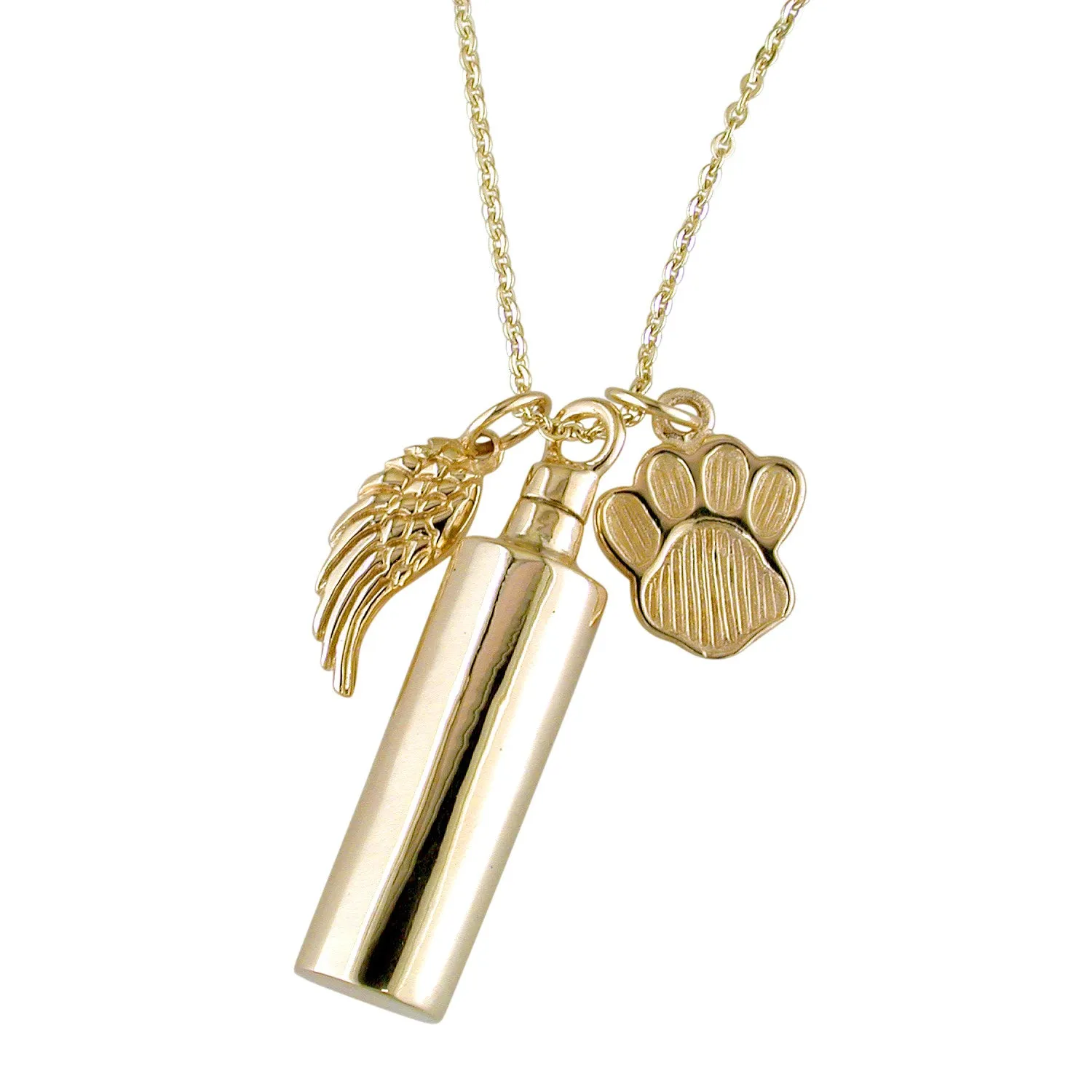 14K Yellow Gold Creamation Urn Keepsake Bottle with Dog Paw & Angel Wing