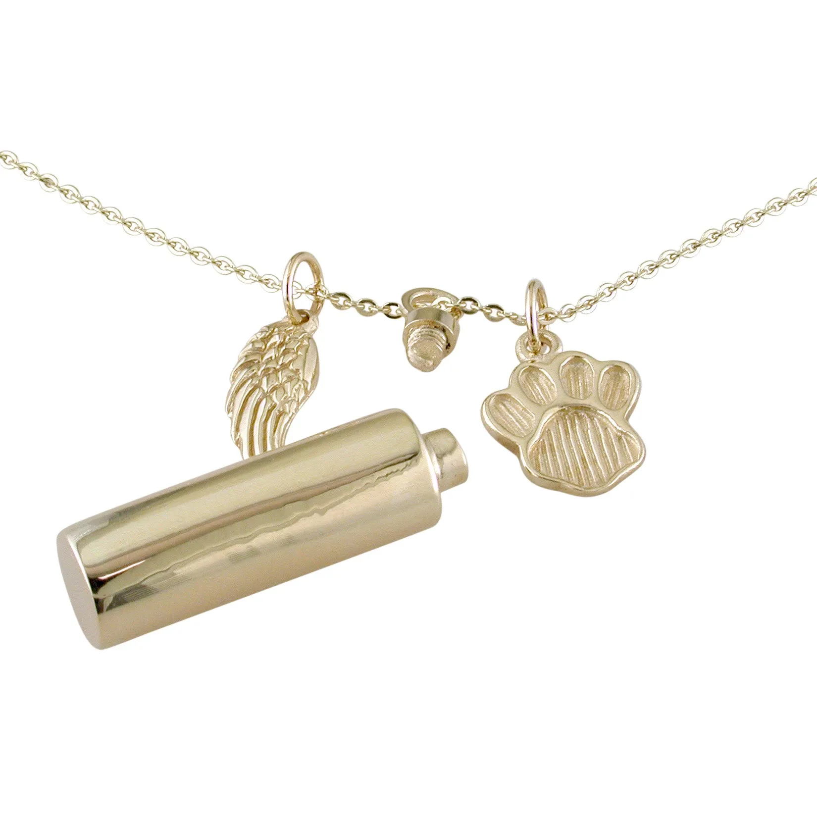 14K Yellow Gold Creamation Urn Keepsake Bottle with Dog Paw & Angel Wing