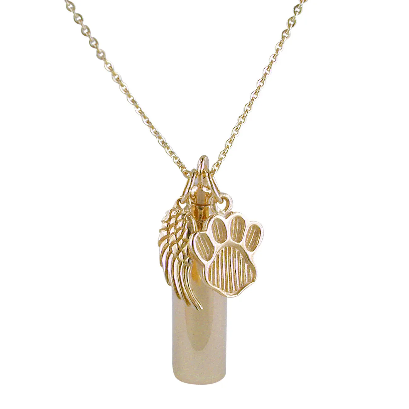 14K Yellow Gold Creamation Urn Keepsake Bottle with Dog Paw & Angel Wing