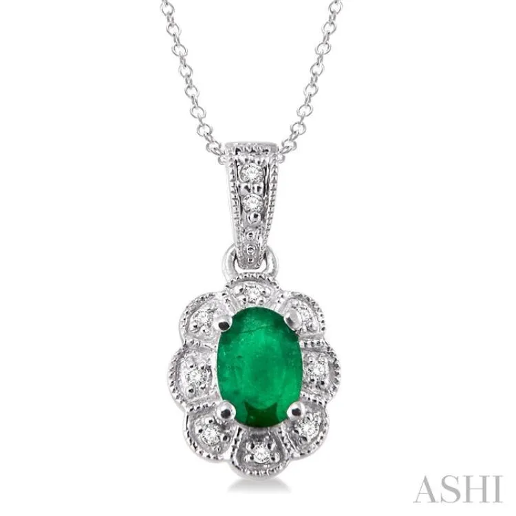 6x4  MM Oval Cut Emerald and 1/20 ctw Single Cut Diamond Pendant in Sterling Silver with Chain