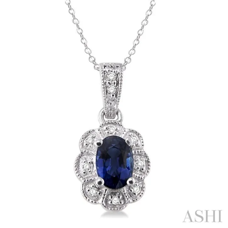 6x4  MM Oval Cut Sapphire and 1/20 ctw Single Cut Diamond Pendant in Sterling Silver with Chain