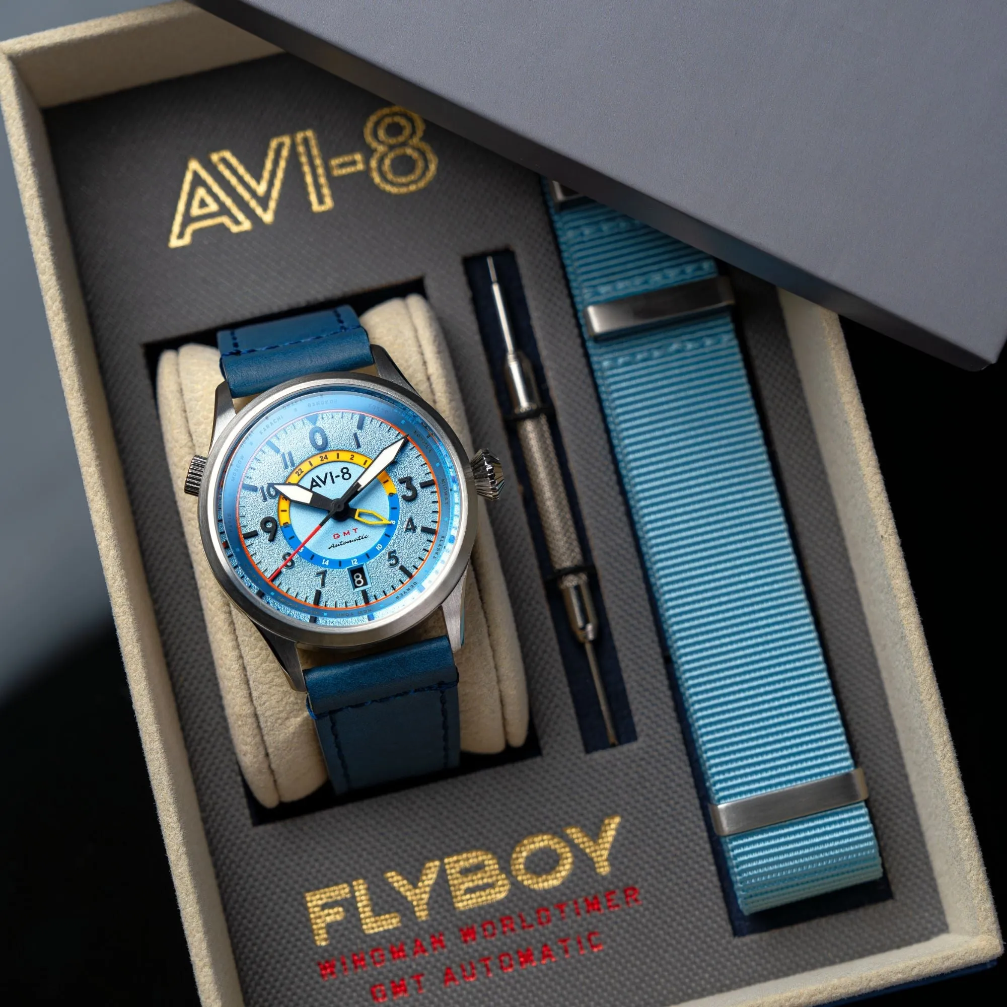 AVI-8 Flyboy Power Blue Wingman Worldtimer GMT Automatic AV-4120-03