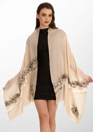 Beige Cashmere Scarf with Beige Floral Embroidery and Shiny Beige Filigree Lace Panel