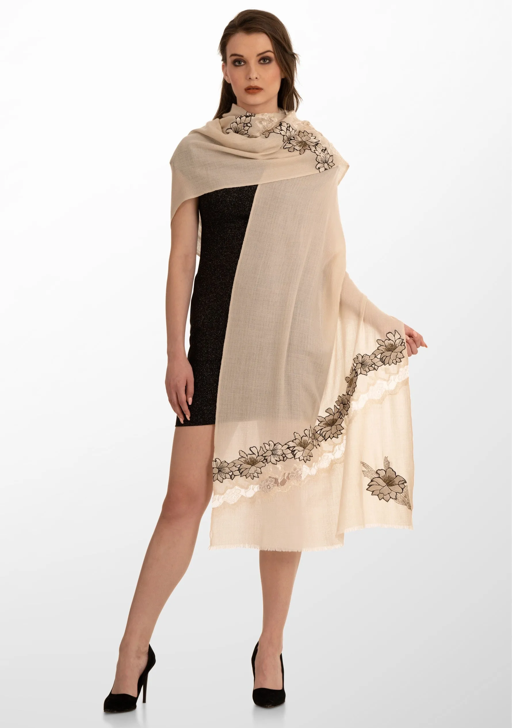 Beige Cashmere Scarf with Beige Floral Embroidery and Shiny Beige Filigree Lace Panel