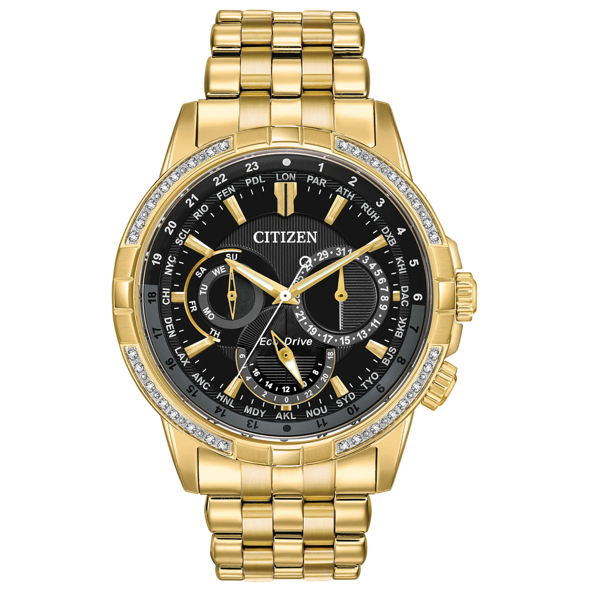 Citizen Eco Drive Calendrier Gold Tone Diamond Bezel Watch BU2082-56E