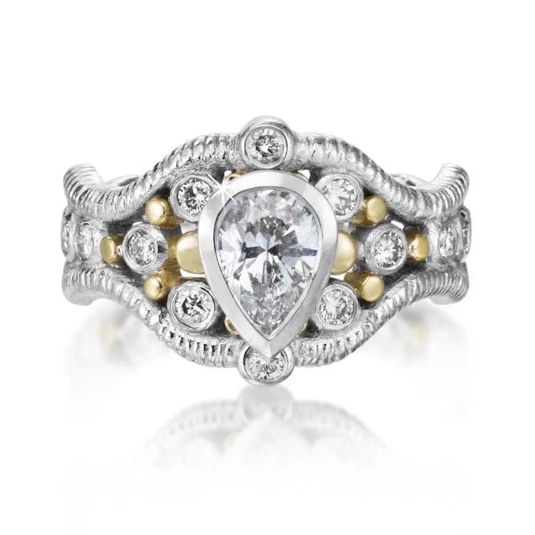 Custom Double Curve Ring with Pear Shaped Diamond