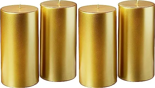 Dazzling Radiance of Opulence: Exquisite Set of 4 Handcrafted Metal Pillar Candles, Embellished with Intricate Patterns and Bathed in Luxurious Gold