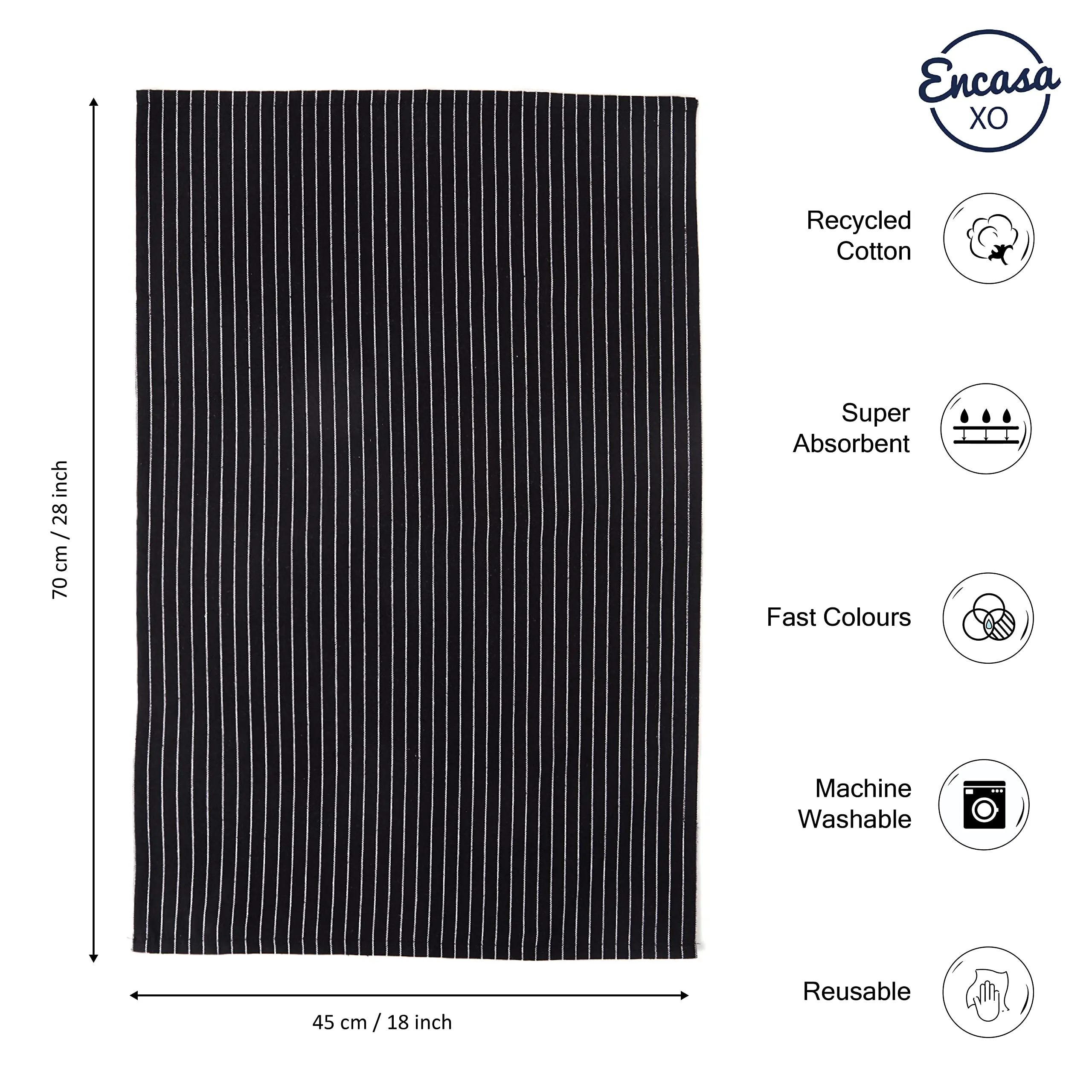 Encasa Homes Kitchen Dish Towels Made with Eco-friendly Cotton | Highly Absorbent for Cleaning & Quick Drying of Plates & Glasses | X-large, 18" x 28" | Butcher Black (Set of 4 pieces)