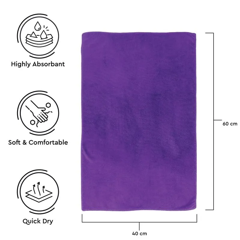 Encasa Microfiber Towels (60x40 cm) for car and Kitchen Cleaning, Perfect for Travel, Beach Trips, Backpacking, Camping and Gym use - Fast Drying - 2-Pack - Purple