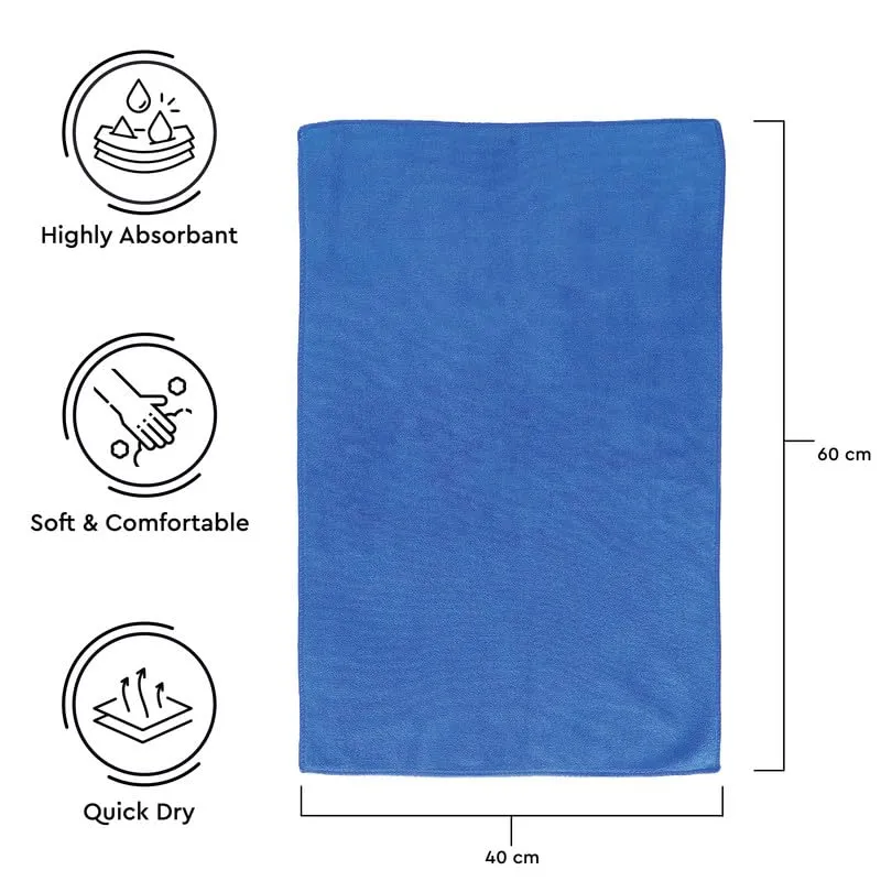 Encasa Microfiber towels (60x40 cm) for car and kitchen cleaning, perfect for travel, beach trips, backpacking, camping and gym use - fast drying - 3-pack - Blue