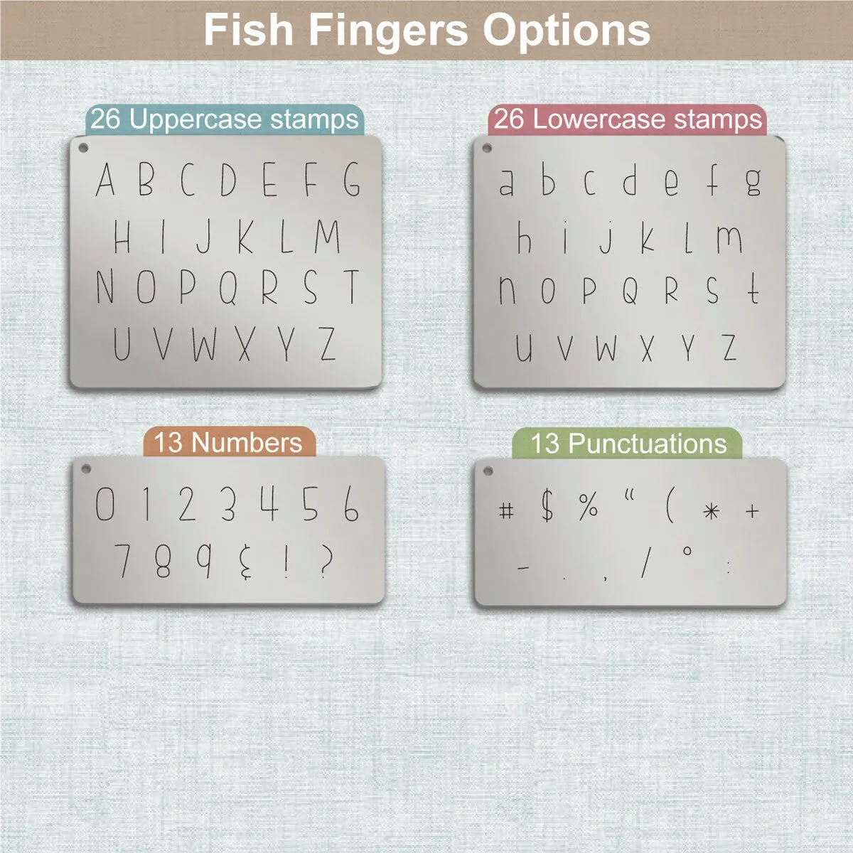 Fish Fingers Metal Letter Stamps, full Alphabet.