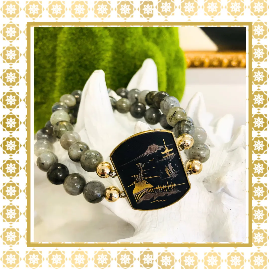 Handmade One of a Kind  Labradorite Bracelet With Vintage Exceptional Damascene Engraved Detail