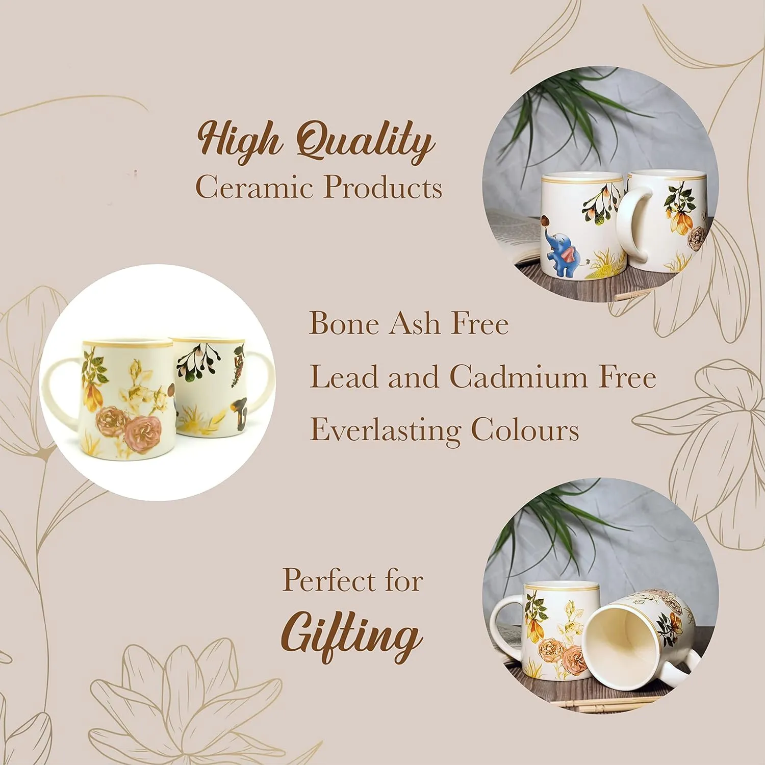 KIE White Floral Flower Handcrafted Ceramic Mugs to Gift to Best Friend Tea Coffee Milk Mugs Microwave Safe, Tea Cups, Set of 1, 300 ml Capacity