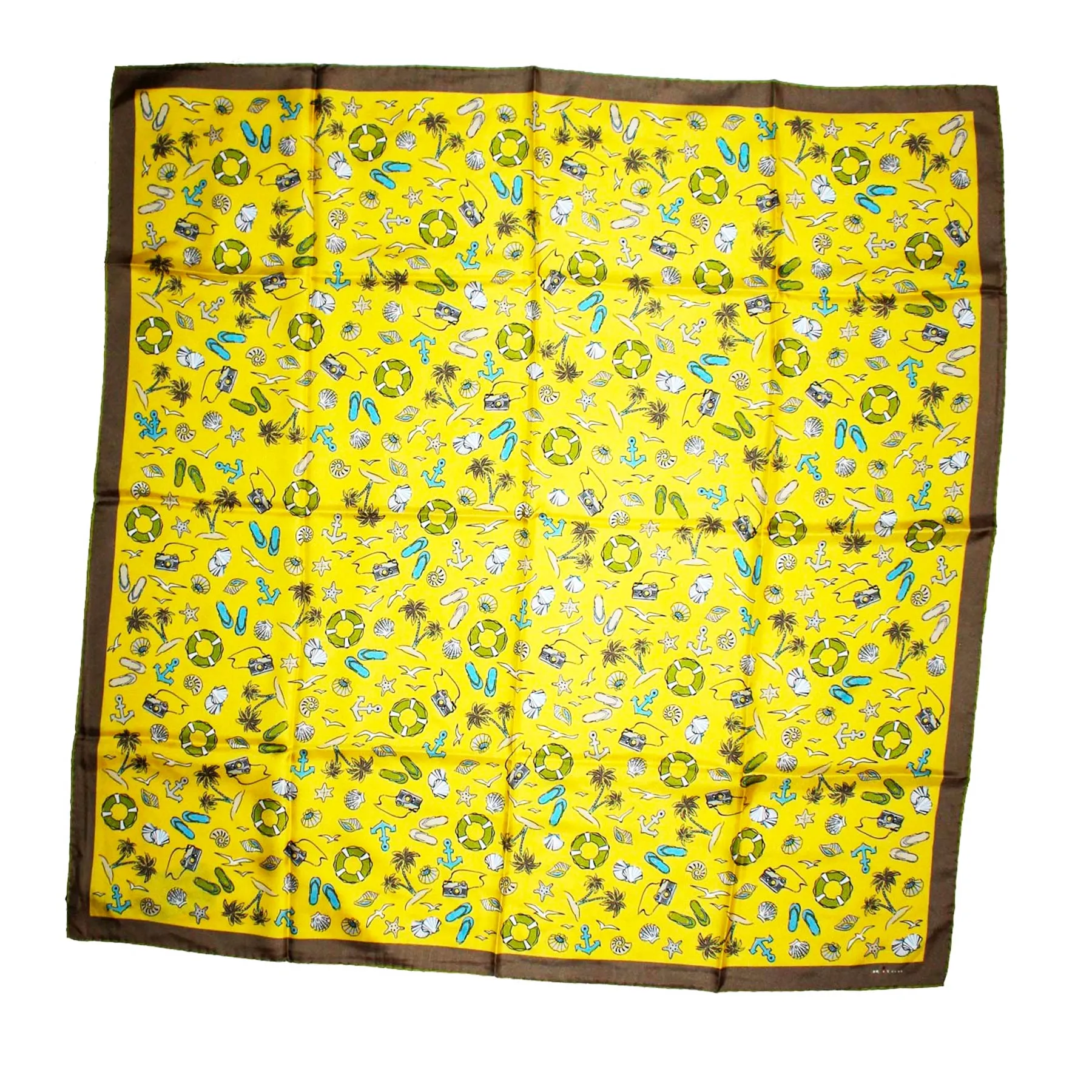 Kiton Scarf Yellow Beach Design - Square Twill Silk Foulard FINAL SALE