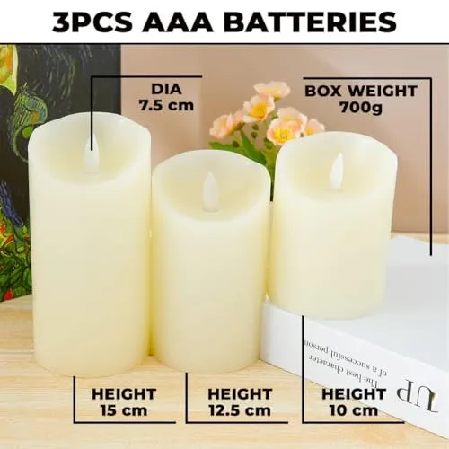 Kuber Industries LED Candles for Home Decoration|Battey Operated|Flameless Yellow Light|Safe & Easy to Maintain|Diwali Lights for Home Decoration, Other Festivities & Parties|Pack of 3|B0-005F|White