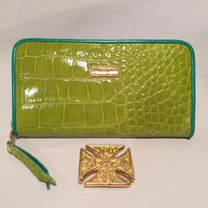 Large Zipper Wallet in Lime Green Crocodile Leather