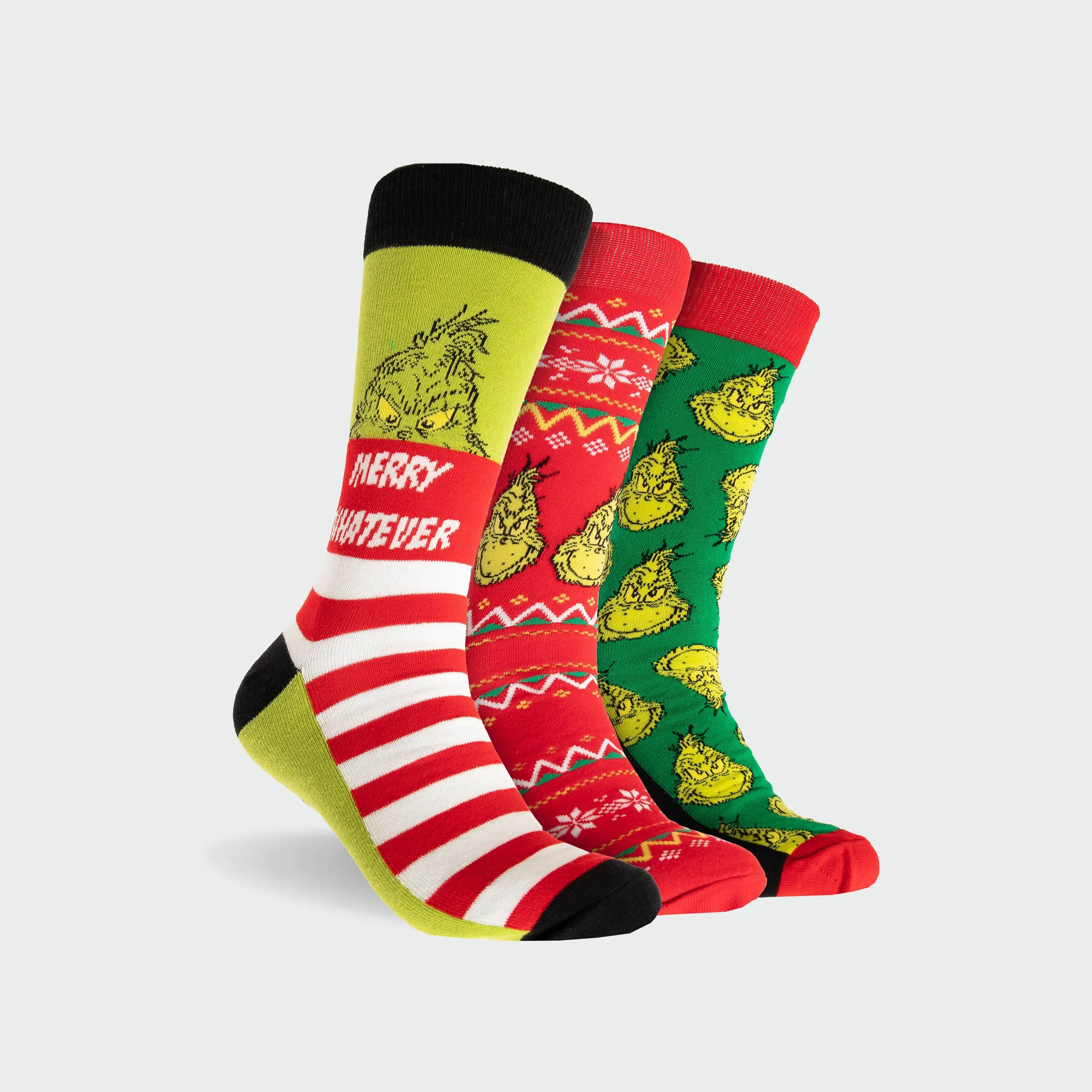 Men's Grinch Whatever Cotton Crew Socks 3 Pack Gift Box - Red & Green