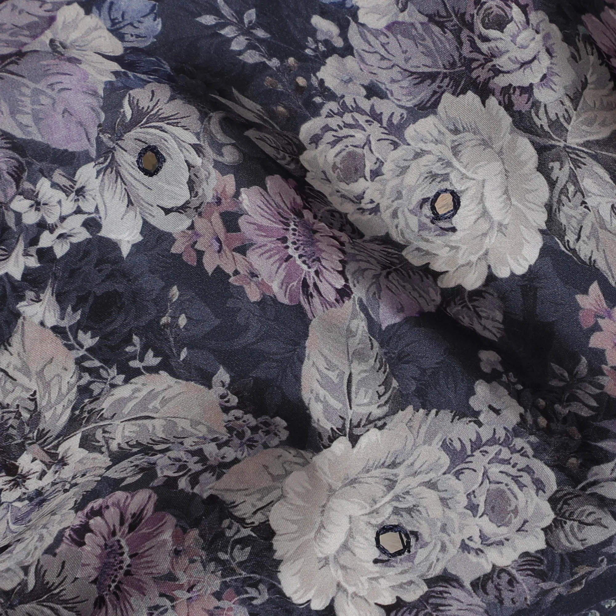 Midnight Purple Floral Viscose Modal Satin Fabric with Mirror Work - 110 cm Width-D20270