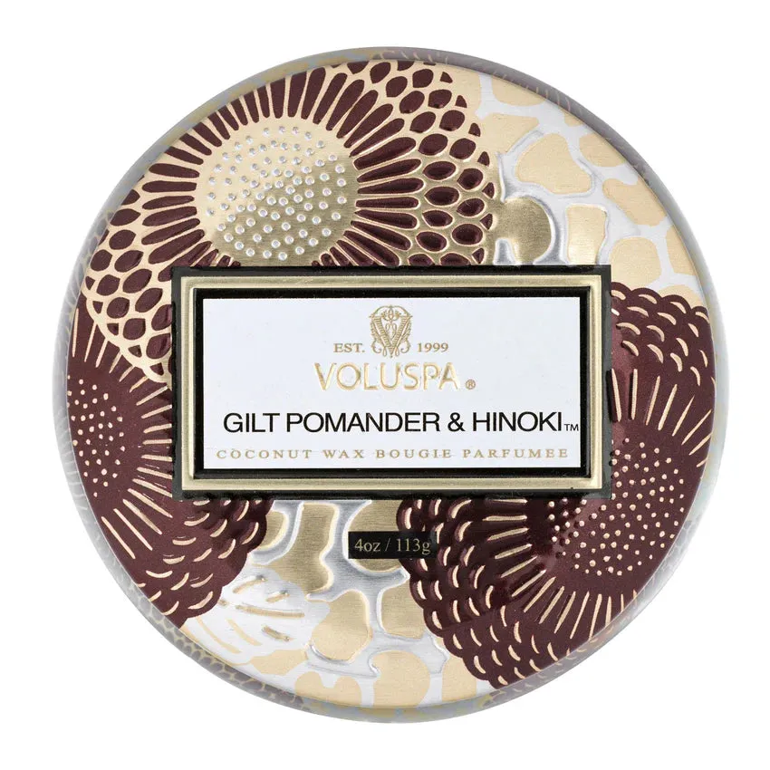 Mini Decorative Tin Candle, Gilt Pomander & Hinoki | Voluspa