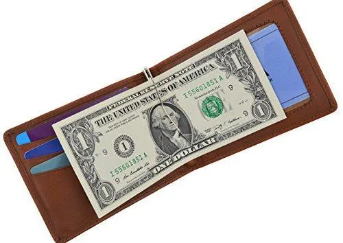 Moga Men's Genuine Leather Slim Money Clip Credit Card Holder Bifold Wallet With ID Window