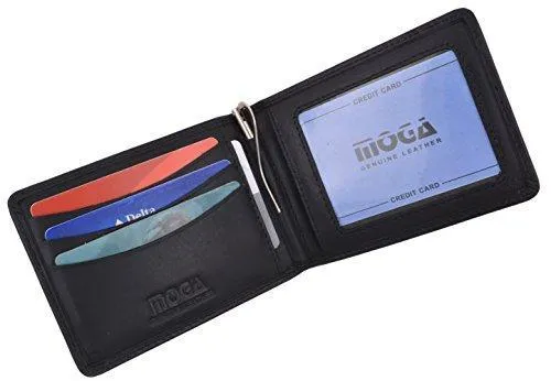 Moga Men's Genuine Leather Slim Money Clip Credit Card Holder Bifold Wallet With ID Window