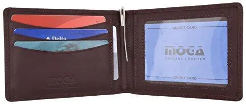 Moga Men's Genuine Leather Slim Money Clip Credit Card Holder Bifold Wallet With ID Window