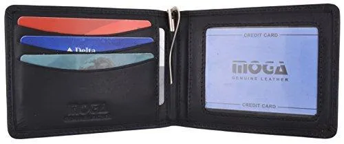 Moga Men's Genuine Leather Slim Money Clip Credit Card Holder Bifold Wallet With ID Window