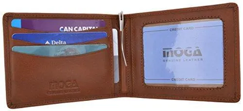 Moga Men's Genuine Leather Slim Money Clip Credit Card Holder Bifold Wallet With ID Window