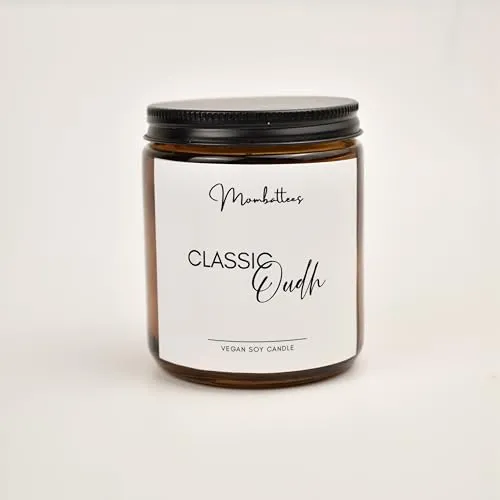 Mombattees Scented Candle | 100% Soy Wax | Non-Toxic | Amber Jar Candle | Upto 48Hrs Burn Time | Home Decor, Gifting & Aromatherapy (Classic Oudh)