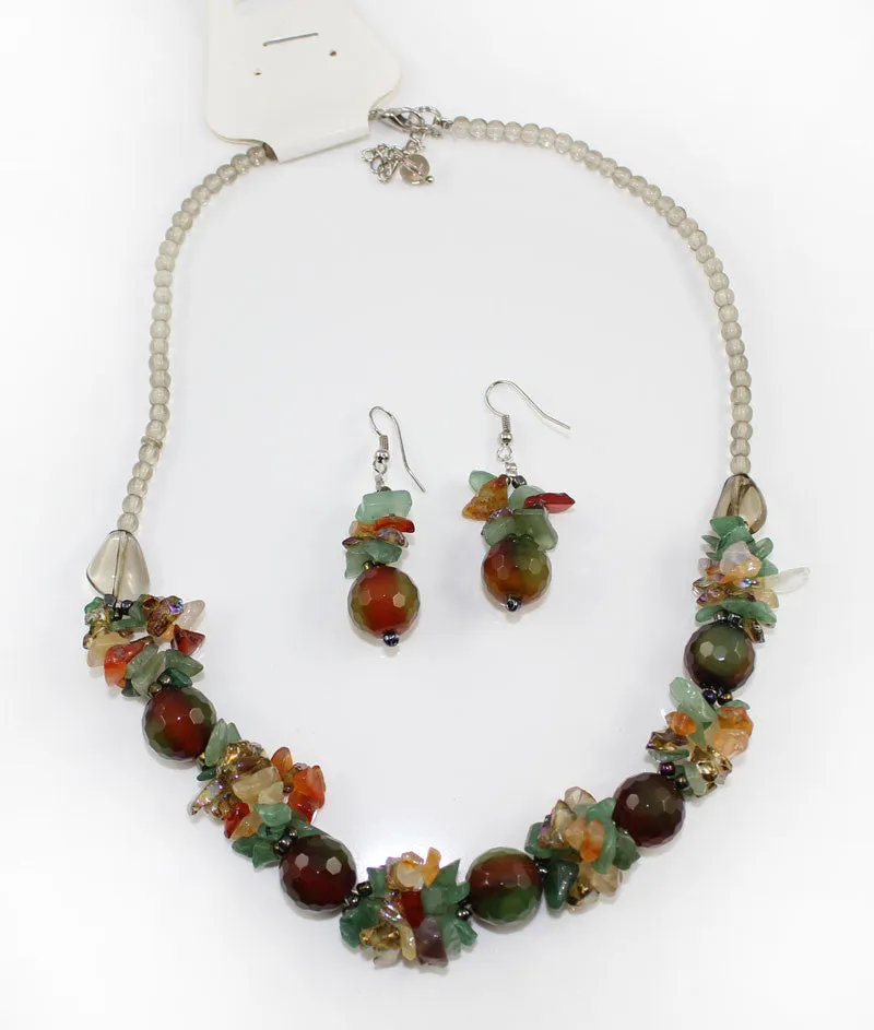 Natural Stone & Glass & Beads Multi Color Necklace and Earrings Set - Raddish Green