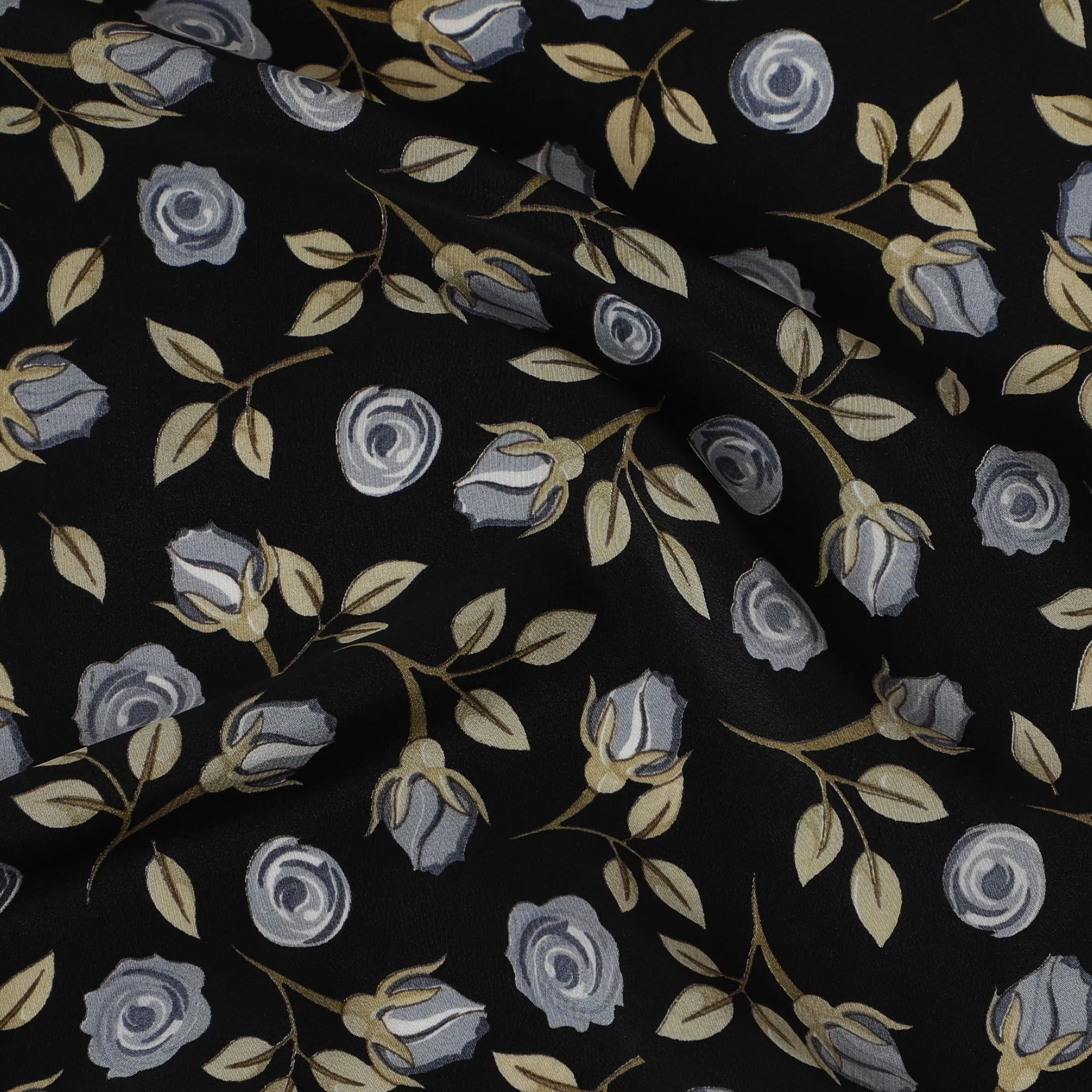 Nocturnal Elegance Rose Print Crepe Silk Fabric, 110cm Width - Chic Versatility for Fashion & DÃ©cor-D18914