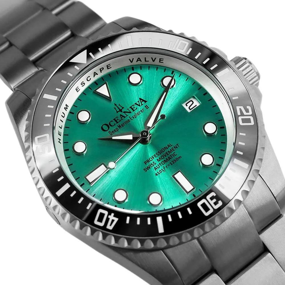 Oceaneva Men's Deep Marine Explorer II 1250M Titanium Watch Aquamarine Burst Dial