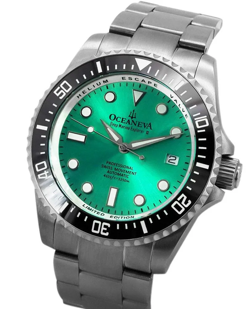 Oceaneva Men's Deep Marine Explorer II 1250M Titanium Watch Aquamarine Burst Dial