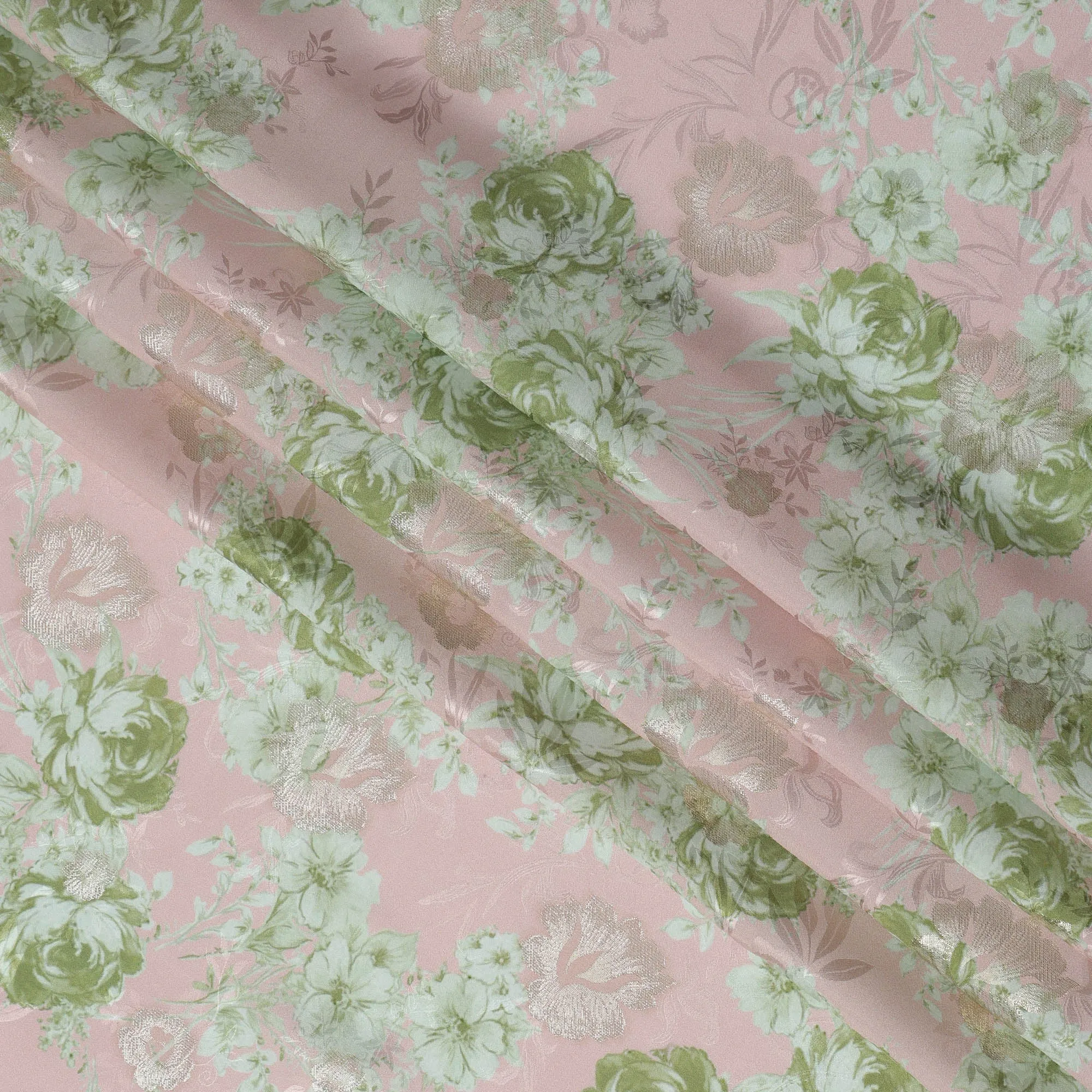 Pale Pink and Green Floral Silk Satin Fabric with Metallic Accents, Width 140 cm, South Korea-D21291