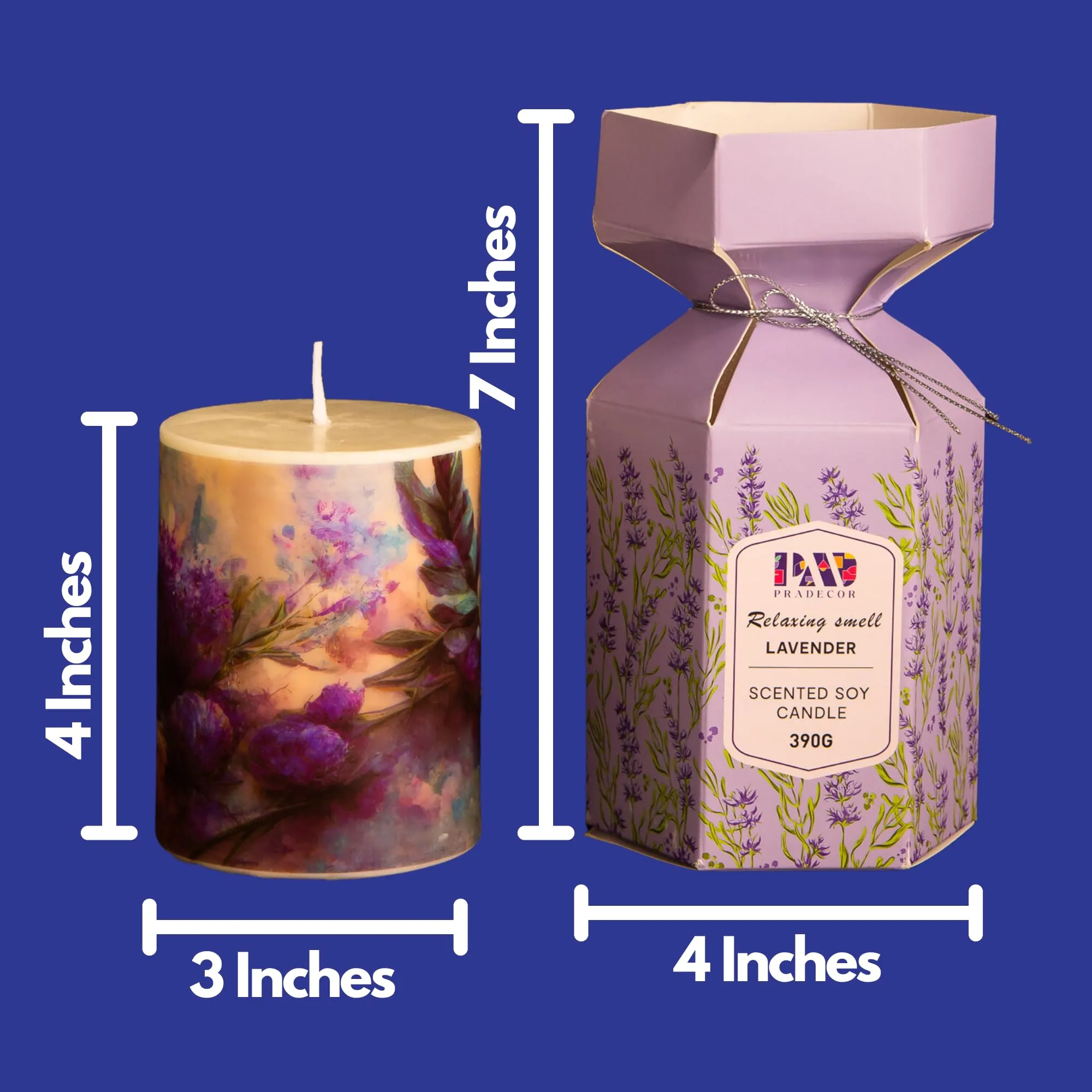 PRADECOR Scented Pillar Candle for Home Decor & Gifting – Lavender Scented | Set of 1 – 3X4 Inch – Designer Candle | Soy Wax – 390gm | Fragrance Candles for Festival Decor & Gifting