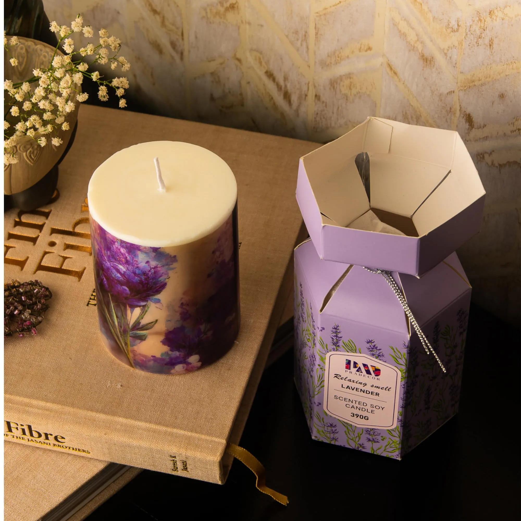 PRADECOR Scented Pillar Candle for Home Decor & Gifting – Lavender Scented | Set of 1 – 3X4 Inch – Designer Candle | Soy Wax – 390gm | Fragrance Candles for Festival Decor & Gifting