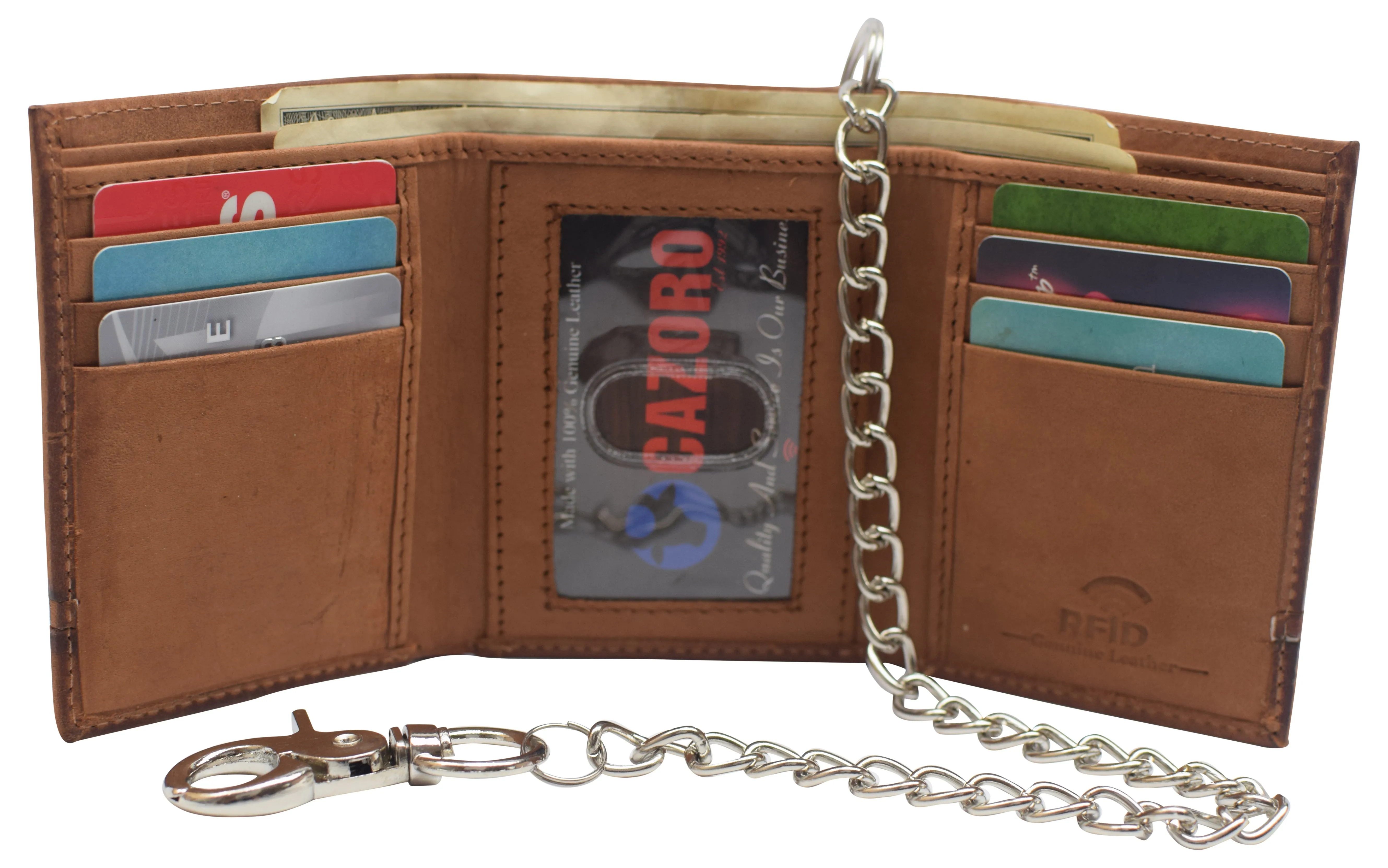 RFID Blocking Men's Chain Biker Leather Classic Slim Trifold Wallet with 8 Cards 1 ID Window   2 Note Compartments