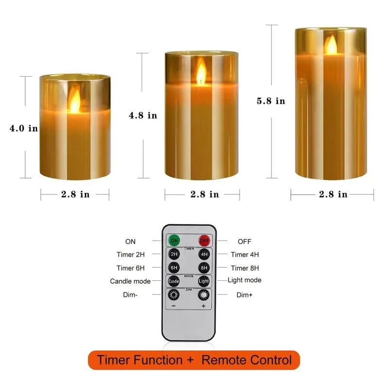 Savaar® Set of 3 Glass Cup Flameless Electric Candles with Flickering Faux Wick - Amber/Gold Color Glass, Battery Powered.