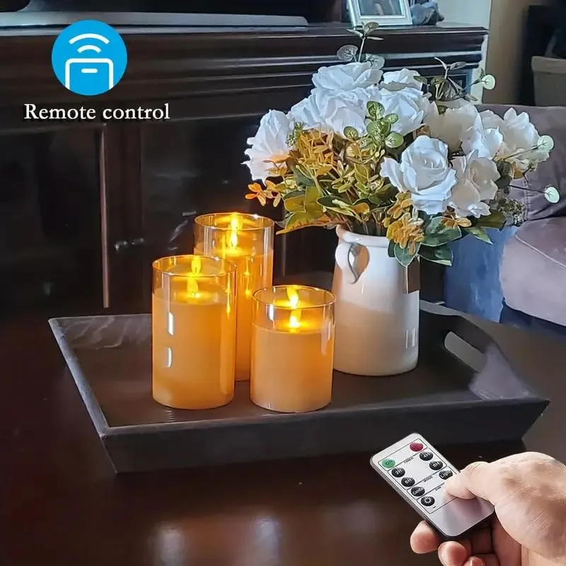 Savaar® Set of 3 Glass Cup Flameless Electric Candles with Flickering Faux Wick - Amber/Gold Color Glass, Battery Powered.