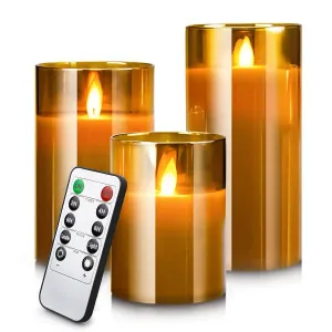 Savaar® Set of 3 Glass Cup Flameless Electric Candles with Flickering Faux Wick - Amber/Gold Color Glass, Battery Powered.