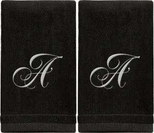 Set of 2 Black Monogrammed Towel - White Embroidered - Initial A