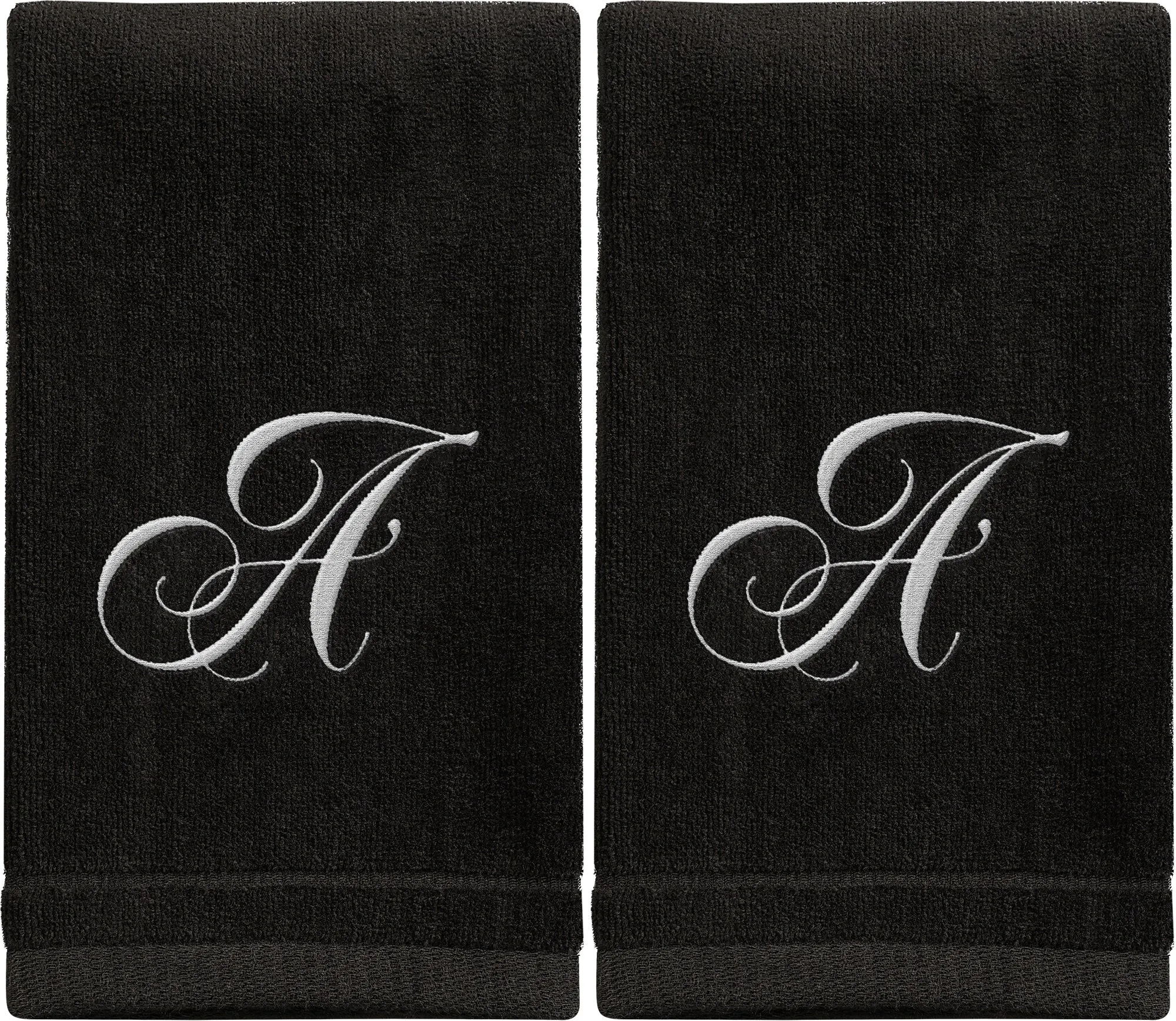 Set of 2 Black Monogrammed Towel - White Embroidered - Initial A