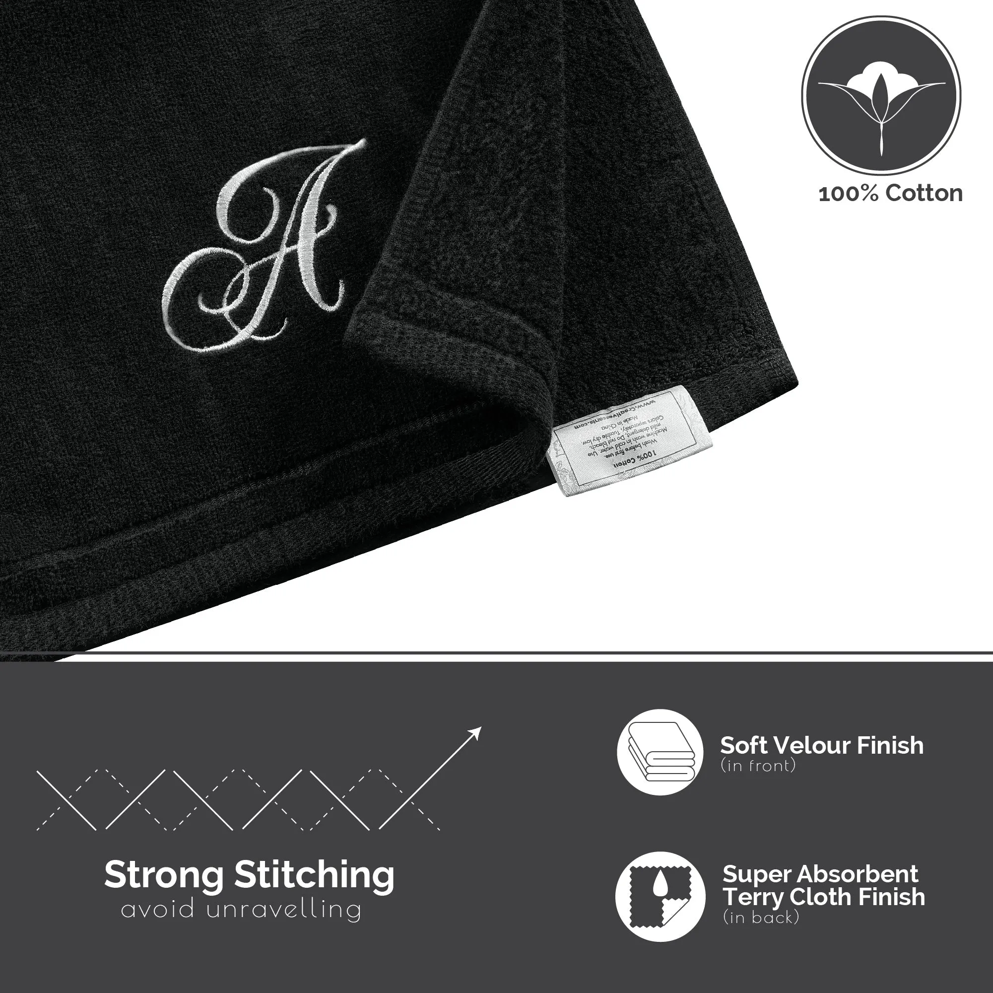 Set of 2 Black Monogrammed Towel - White Embroidered - Initial A