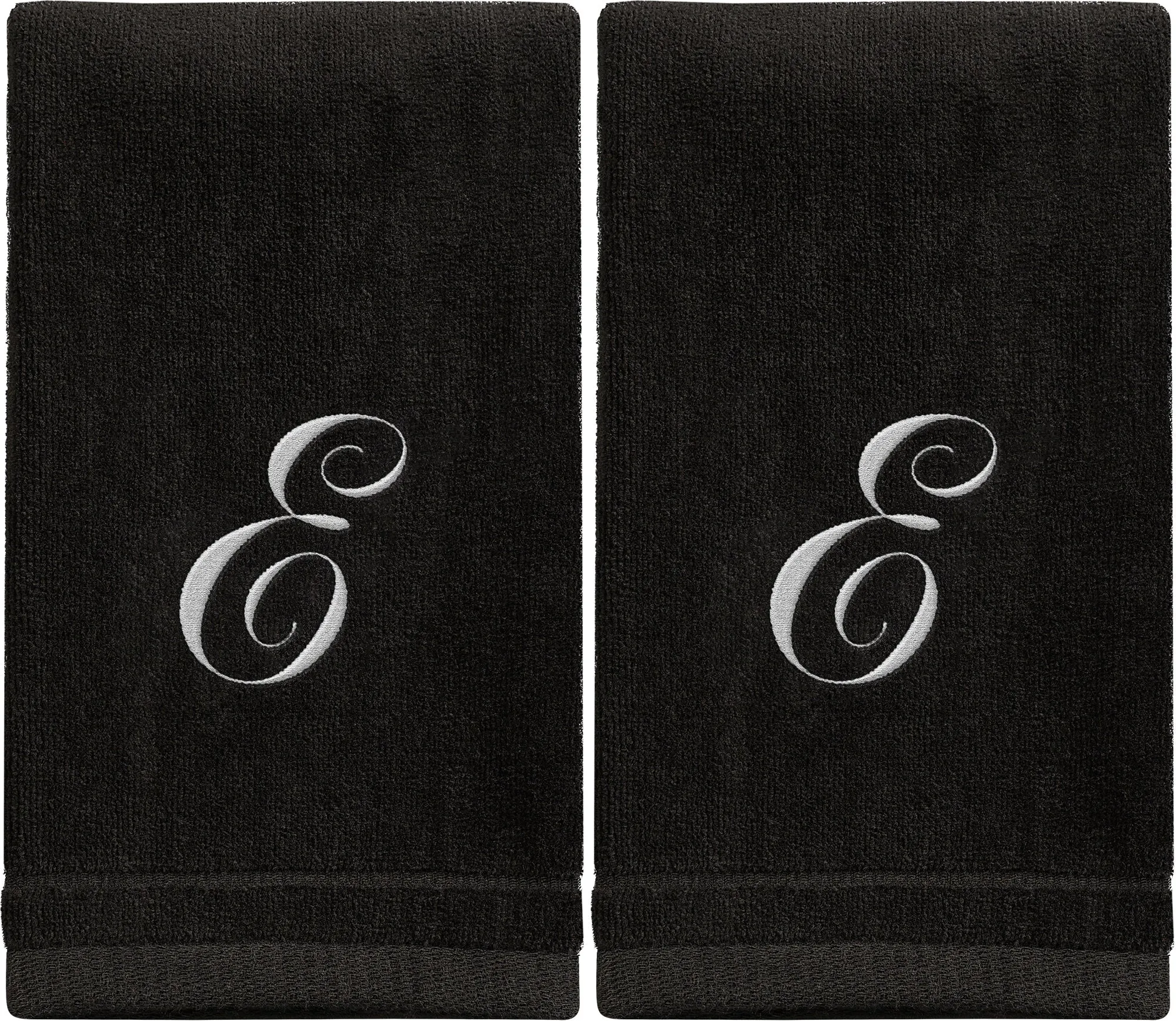 Set of 2 Black Monogrammed Towel - White Embroidered - Initial E