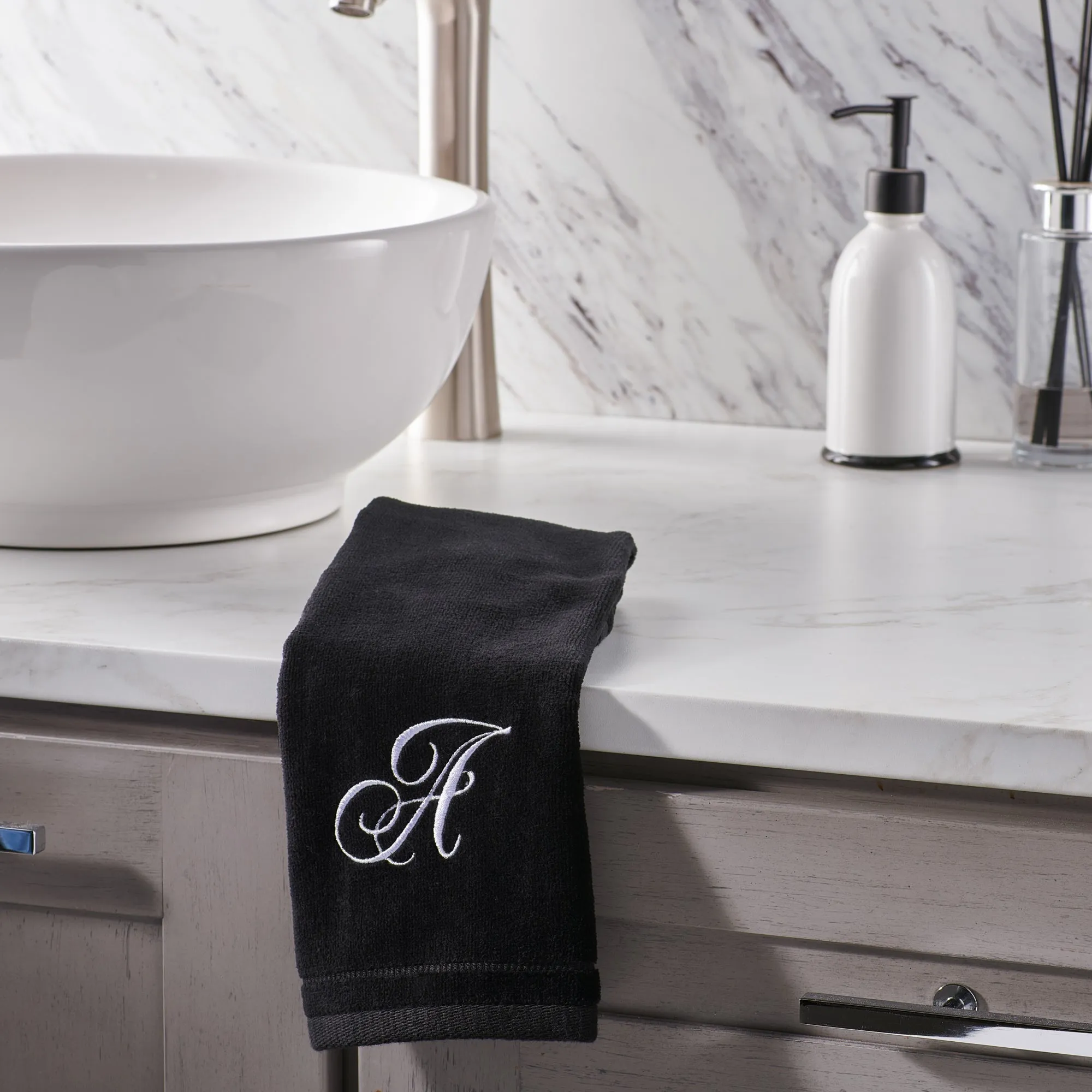 Set of 2 Black Monogrammed Towel - White Embroidered - Initial E