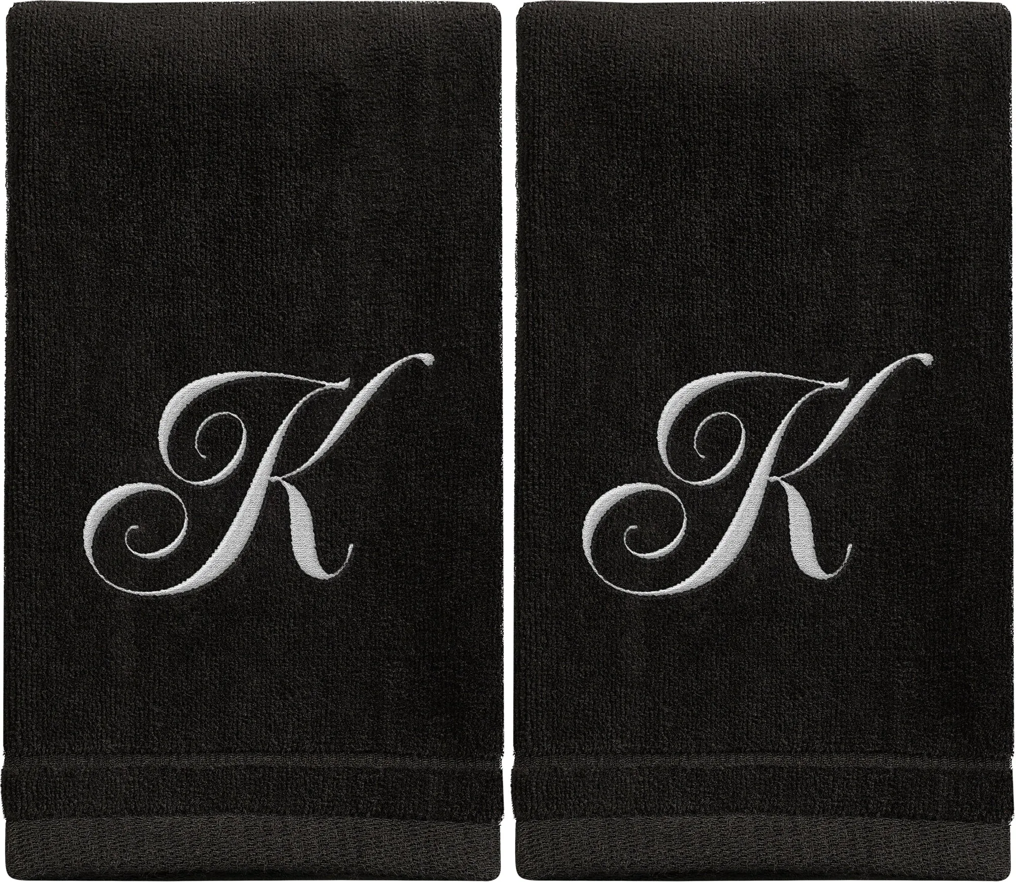 Set of 2 Black Monogrammed Towel - White Embroidered - Initial K (Wholesale)