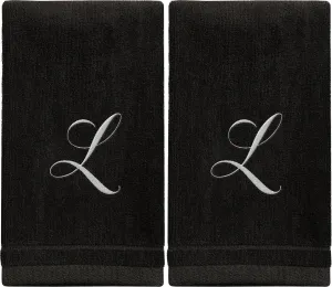 Set of 2 Black Monogrammed Towel - White Embroidered - Initial L