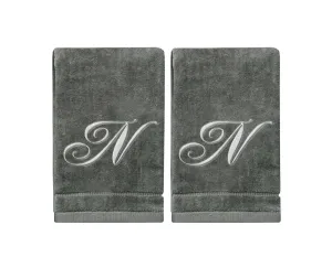 Set of 2 Silver Embroidered Monogrammed Towels - Initial N (Wholesale)