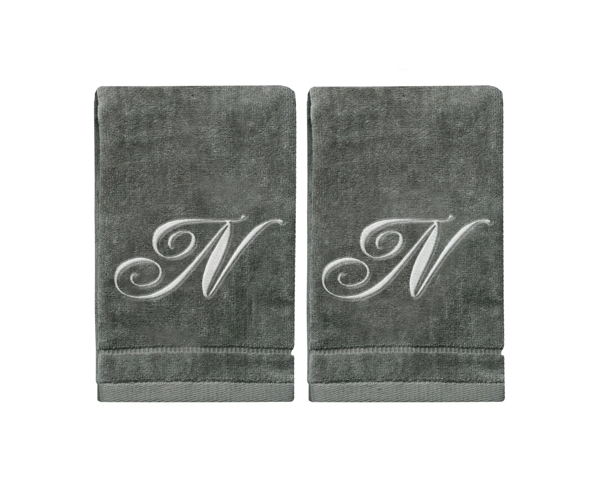 Set of 2 Silver Embroidered Monogrammed Towels - Initial N (Wholesale)