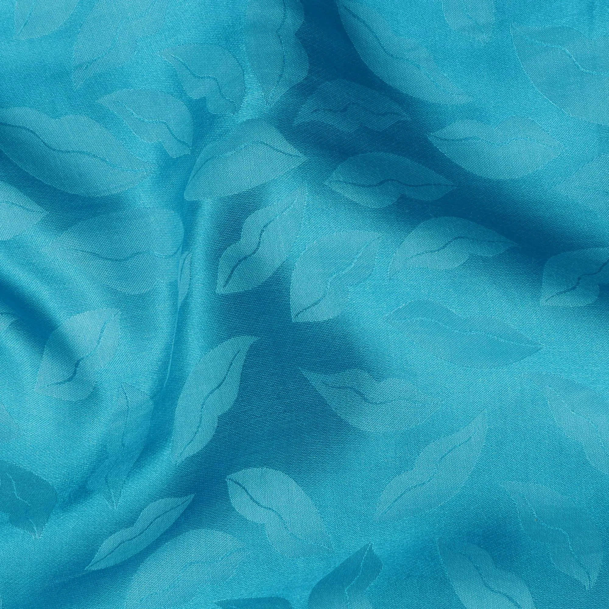 Turquoise Silk Satin Fabric with Leaf Pattern, 110 cm Width-D20961